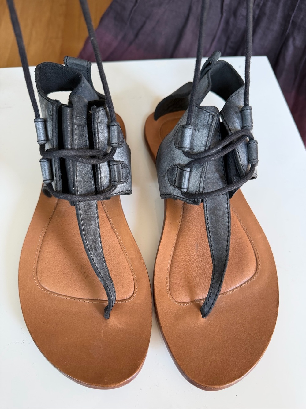 Sorel Women's Grey Lace-Up Thong Sandal with Tan Footbed 8